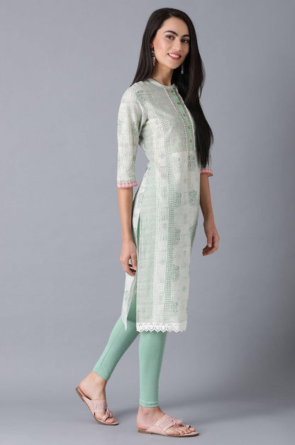 Smoke Green Printed Straight kurta in Mandarin Neck - wforwoman