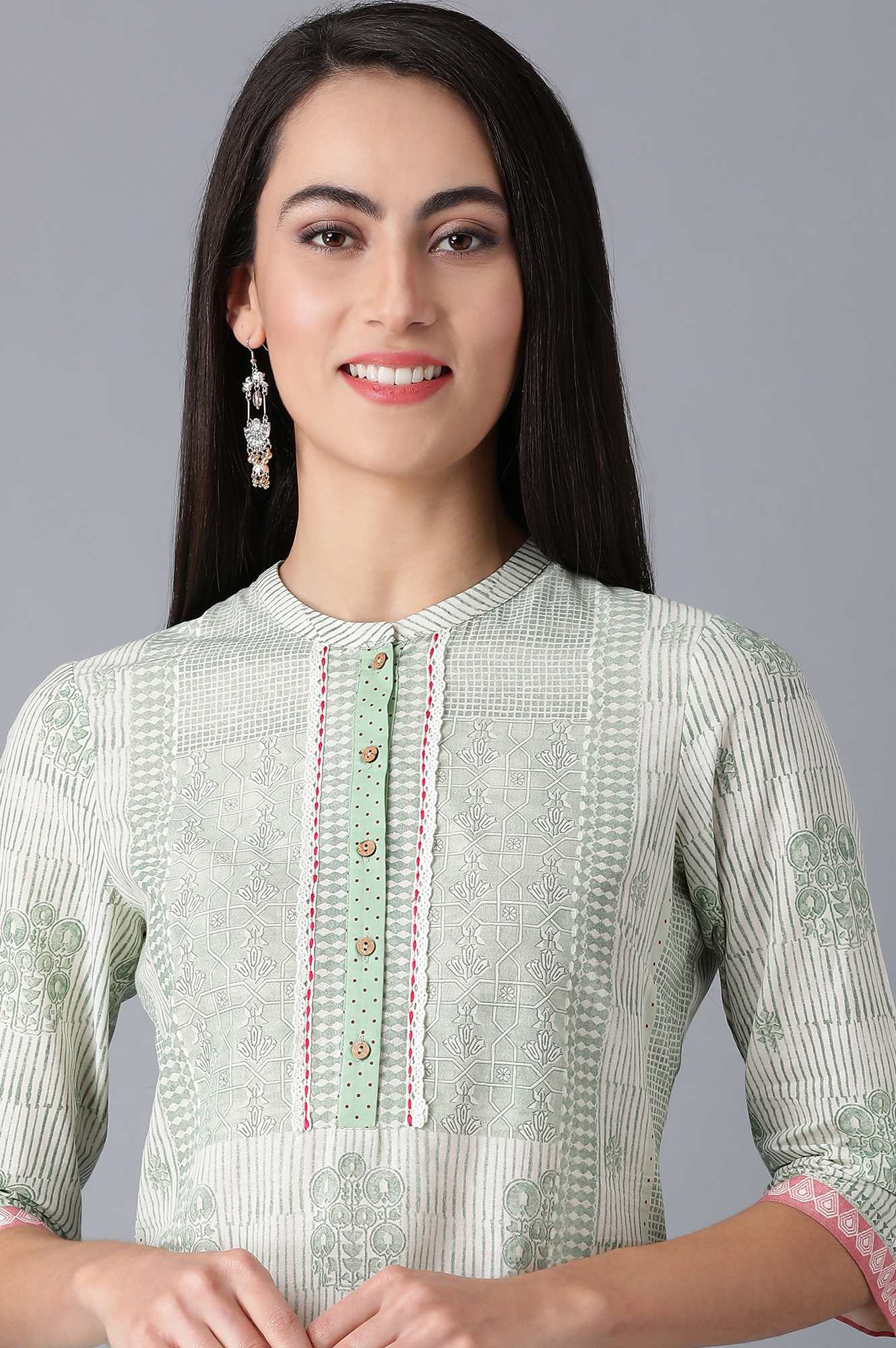 Green Mandarin Neck Printed kurta