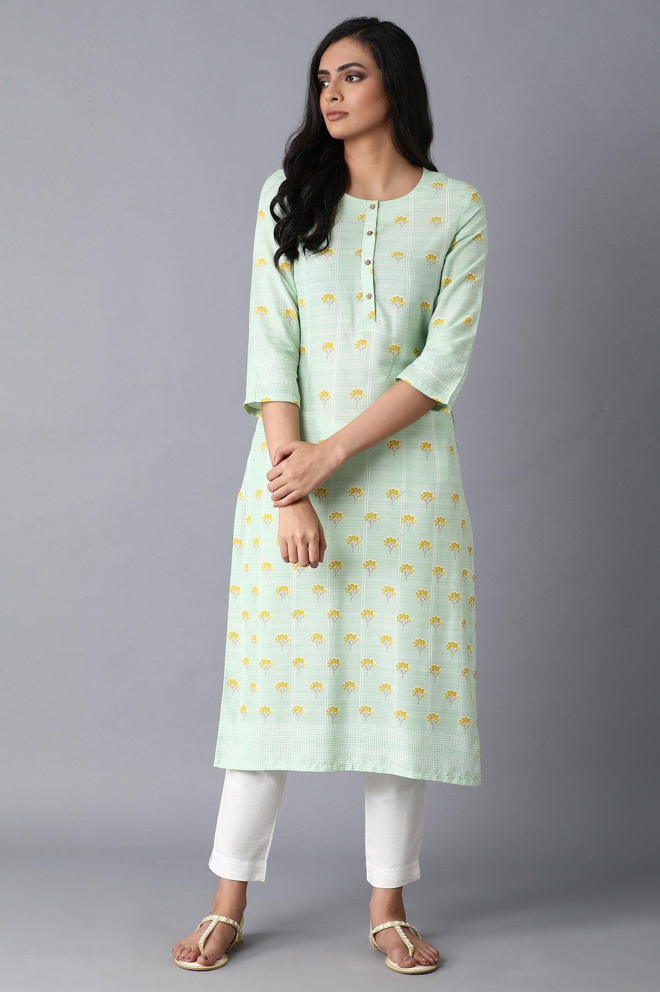 Pista Green Printed kurta - wforwoman