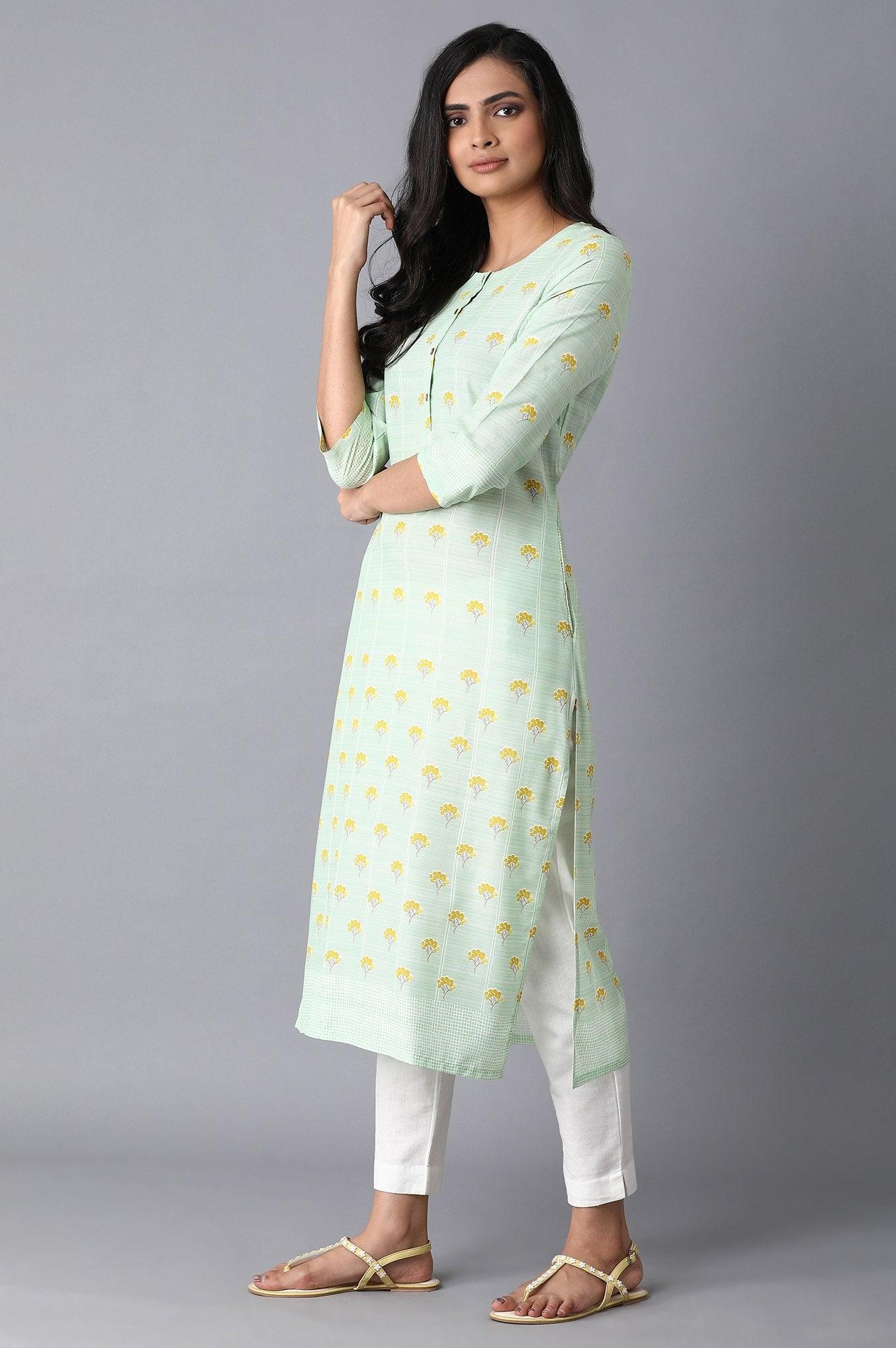 Pista Green Printed kurta - wforwoman