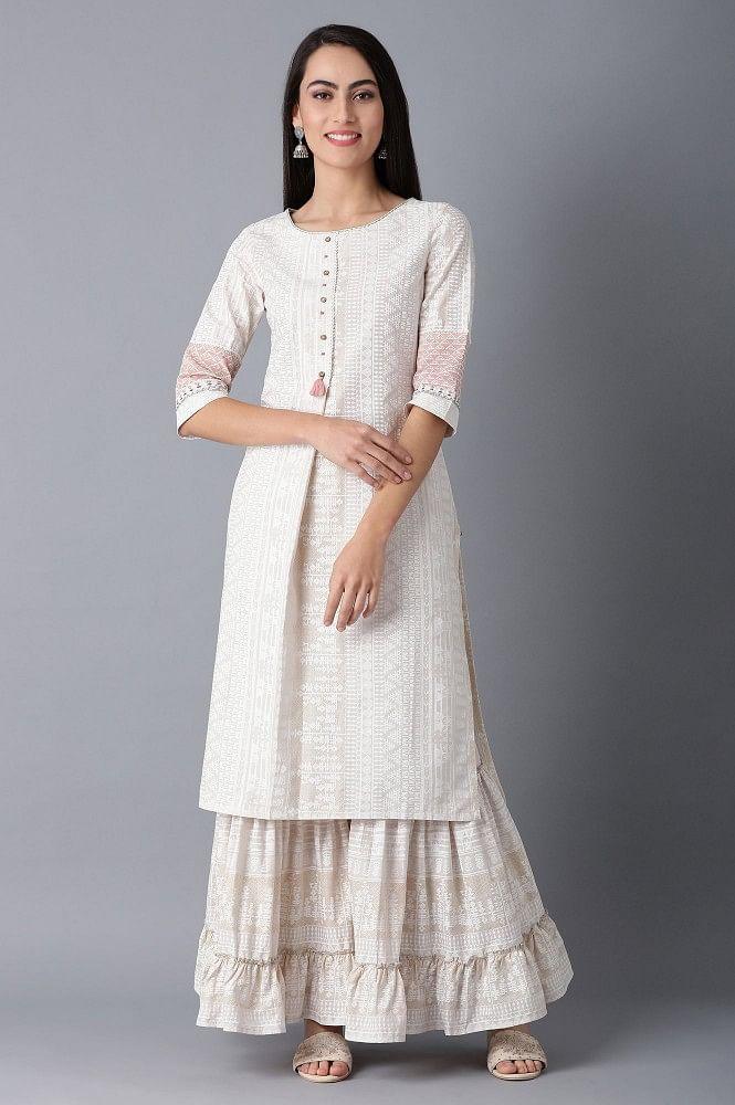 Ecru Round Neck Printed kurta - wforwoman