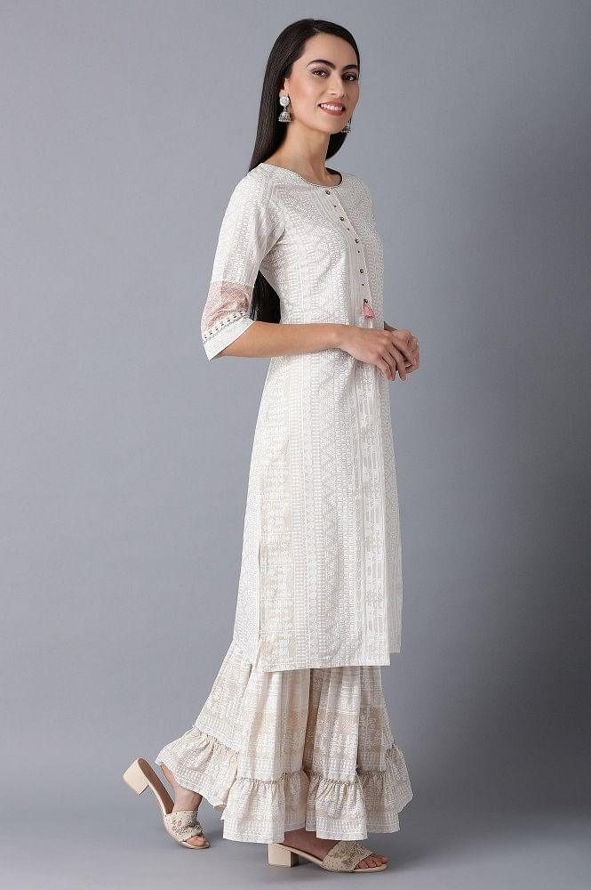 Ecru Round Neck Printed kurta - wforwoman