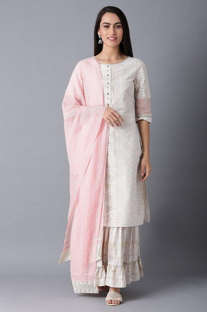 Ecru Round Neck Printed kurta - wforwoman