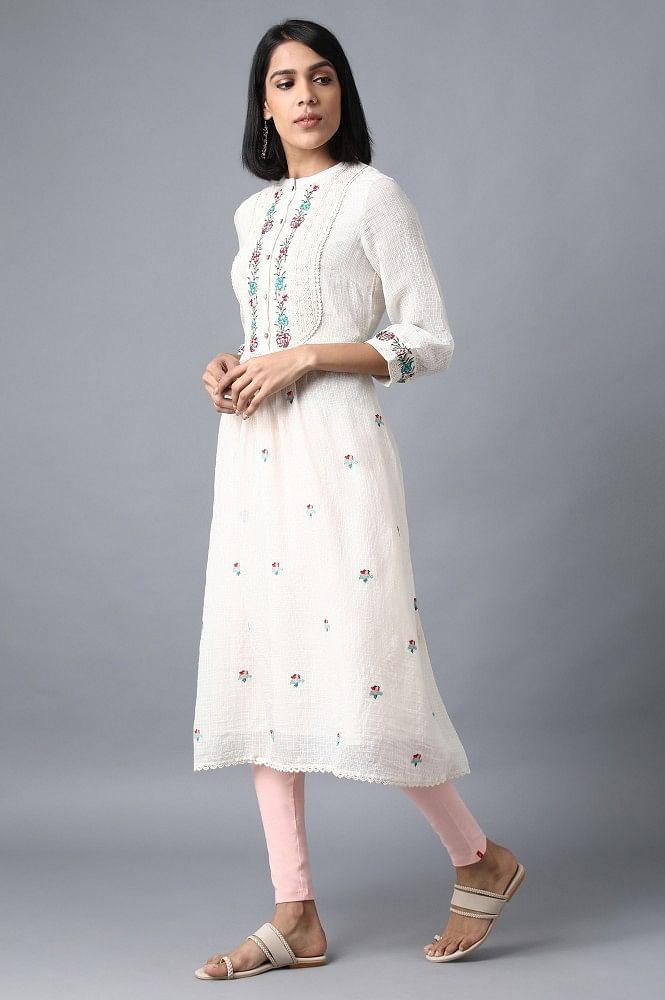 Ecru Mandarin Neck Gathered kurta - wforwoman