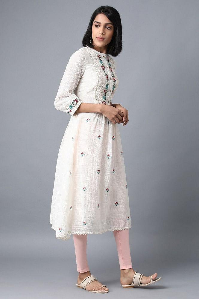 Ecru Mandarin Neck Gathered kurta - wforwoman