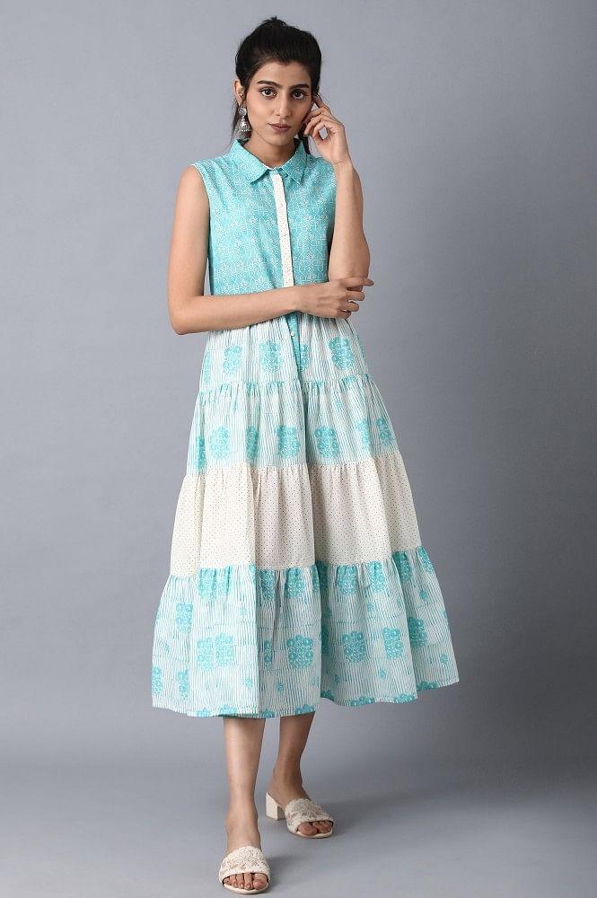 Blue Tiered Gathered Dress - wforwoman