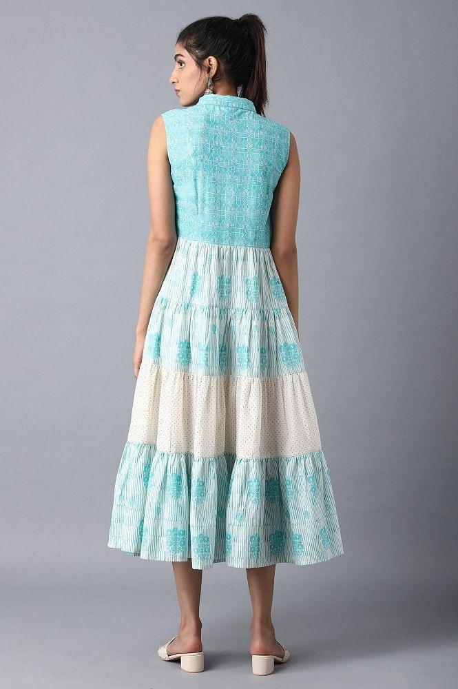 Blue Tiered Gathered Dress - wforwoman