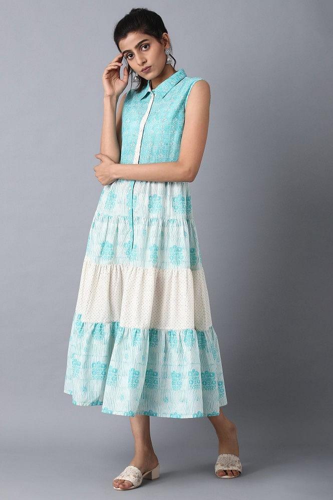 Blue Tiered Gathered Dress - wforwoman