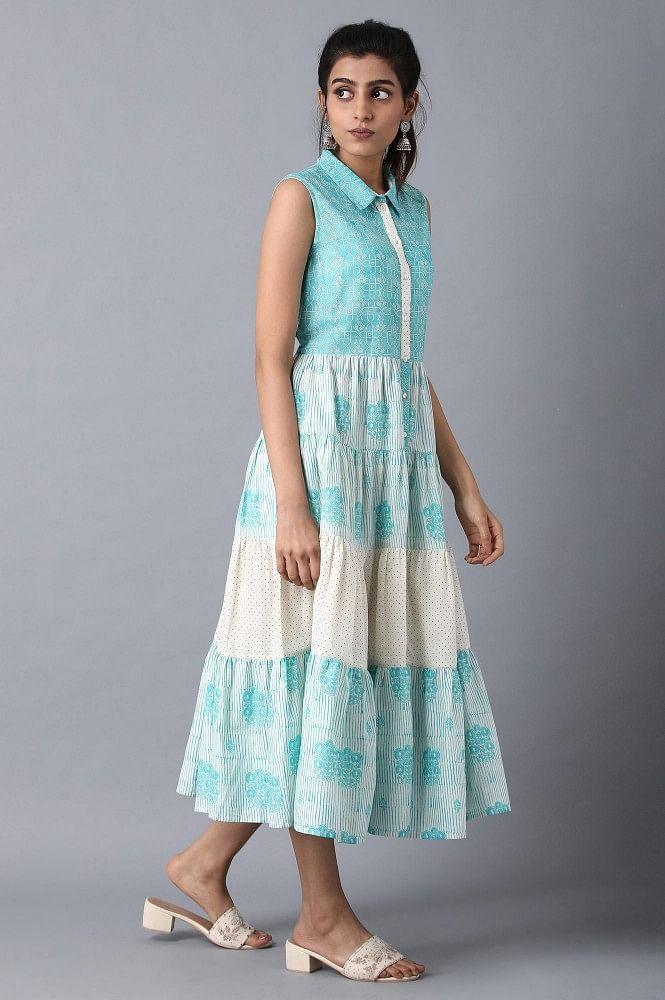 Blue Tiered Gathered Dress - wforwoman