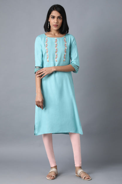 Light Blue Round Neck Embroidered kurta