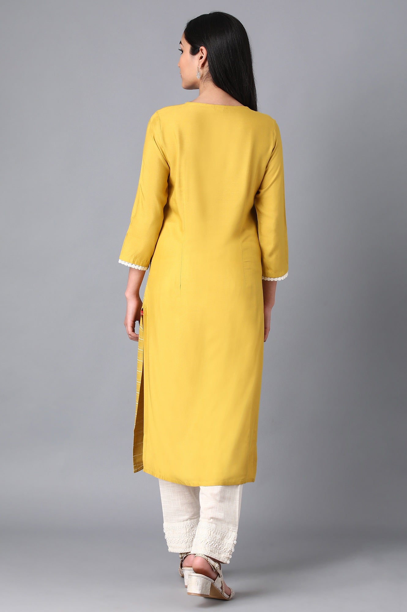 Mustard Round Neck Embroidered Livaeco kurta