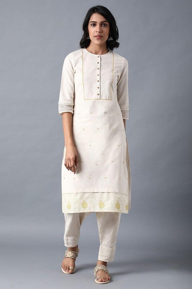 Ecru Round Neck Solid kurta - wforwoman