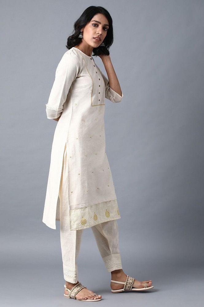 Ecru Round Neck Solid kurta - wforwoman