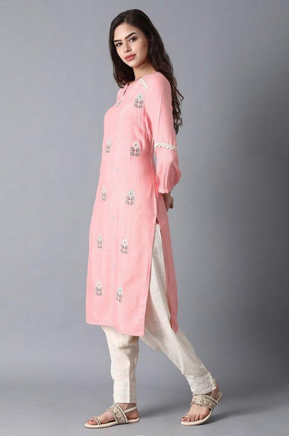 Pink Round Neck Embroidered kurta - wforwoman