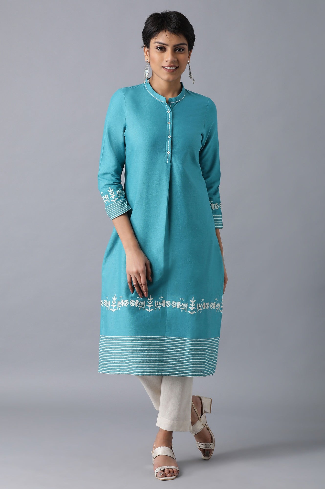 Teal Flora Print Straight kurta in Mandarin Collar