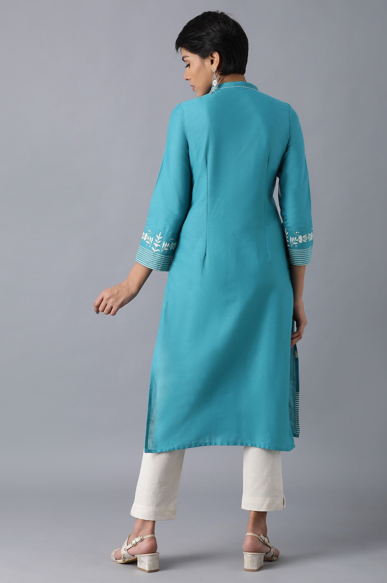 Teal Flora Print Straight kurta in Mandarin Collar