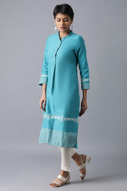 Teal Flora Print Straight kurta in Mandarin Collar