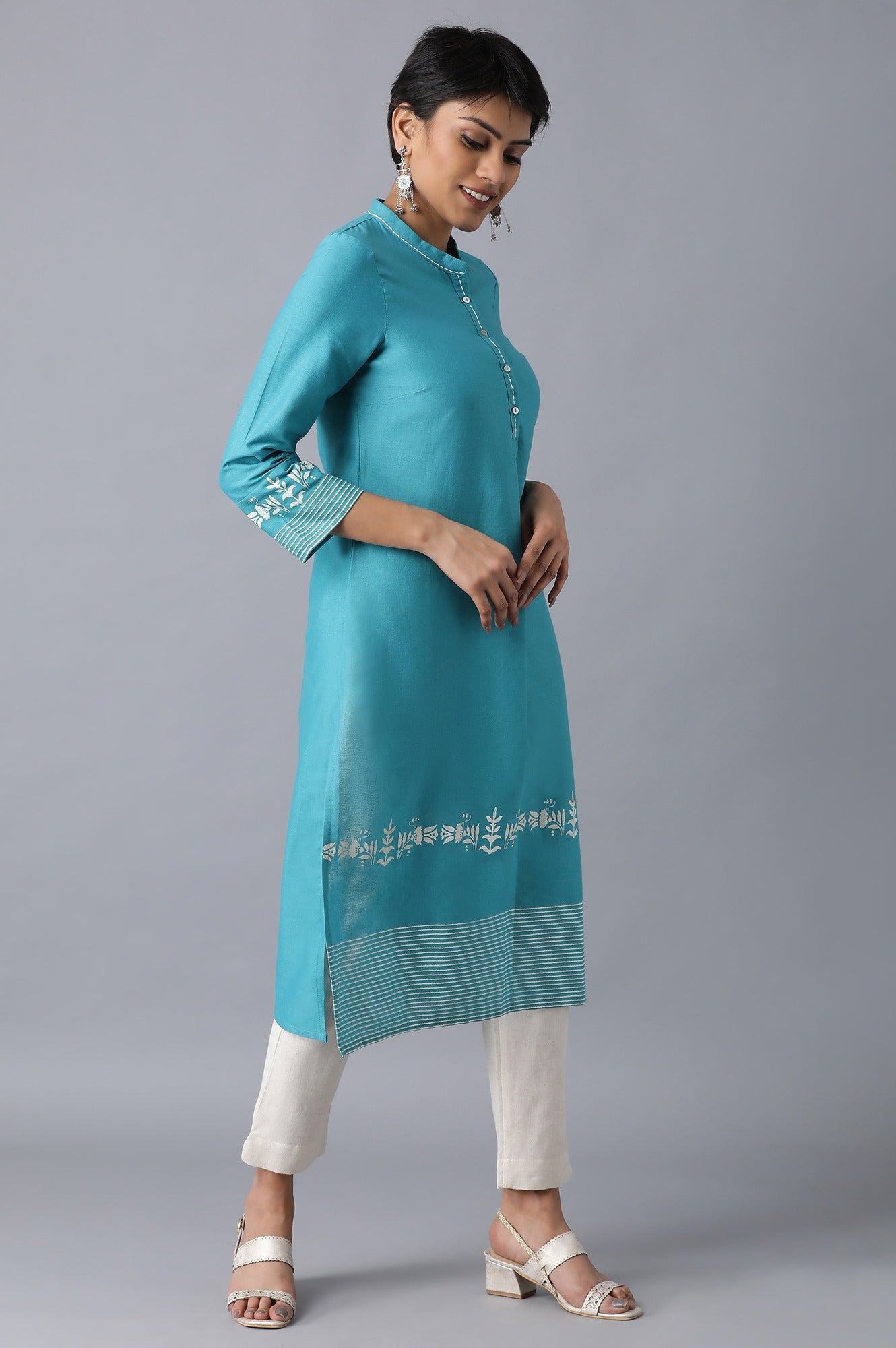 Teal Flora Print Straight kurta in Mandarin Collar