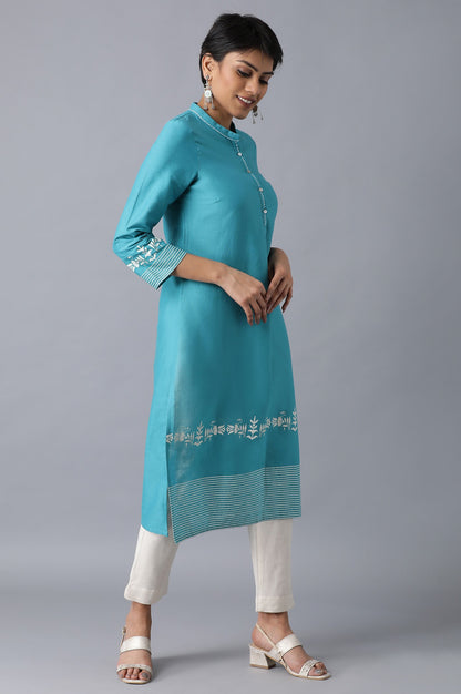 Teal Flora Print Straight kurta in Mandarin Collar