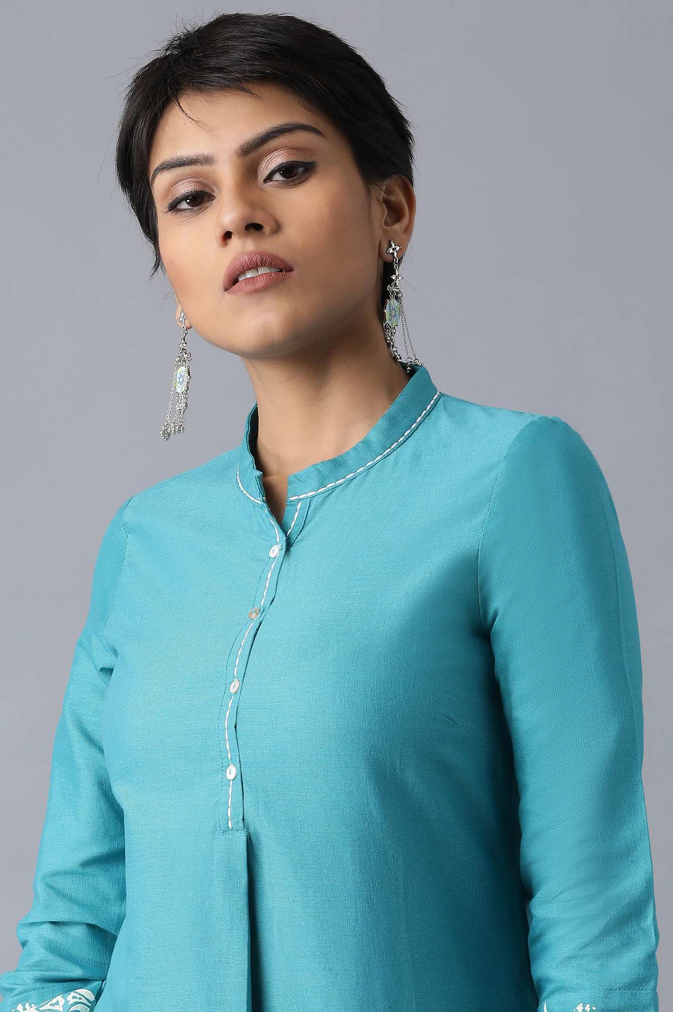 Teal Flora Print Straight Kurta In Mandarin Collar