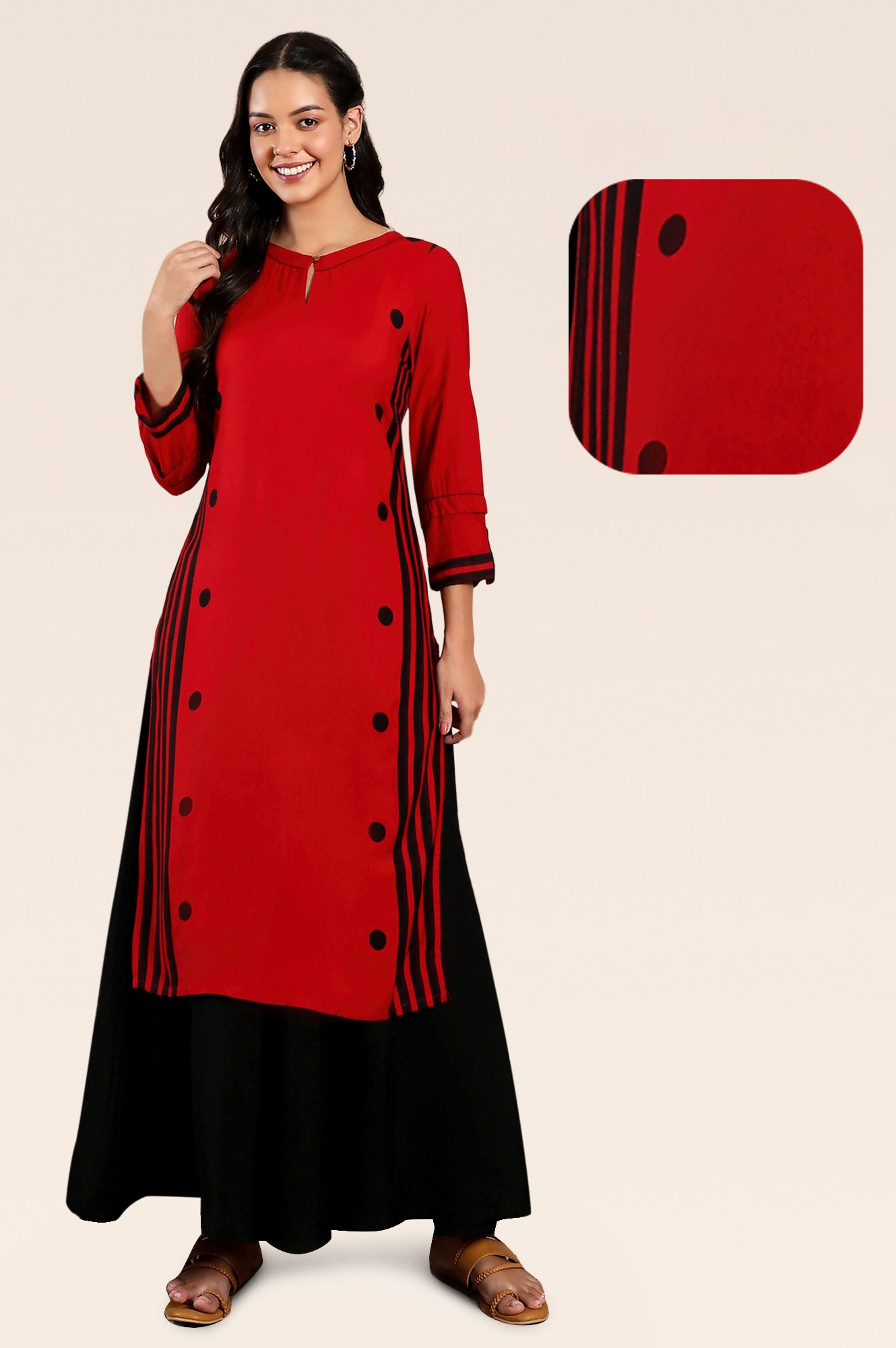 Red Geometric Printed Keyhole Neckline Rayon Straight Kurta