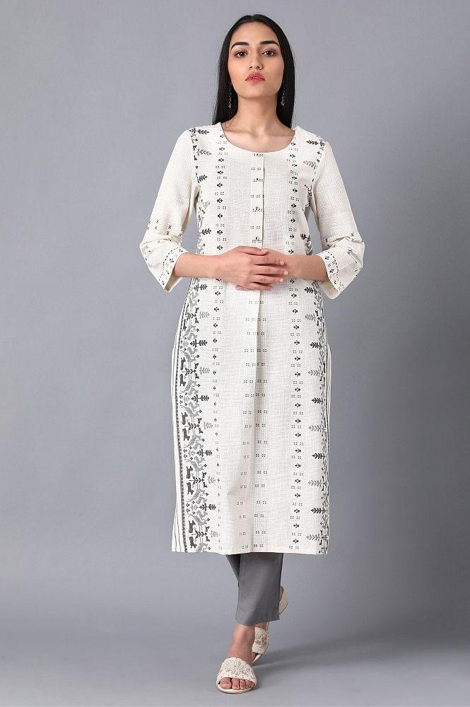 Ecru Round Neck Printed kurta - wforwoman