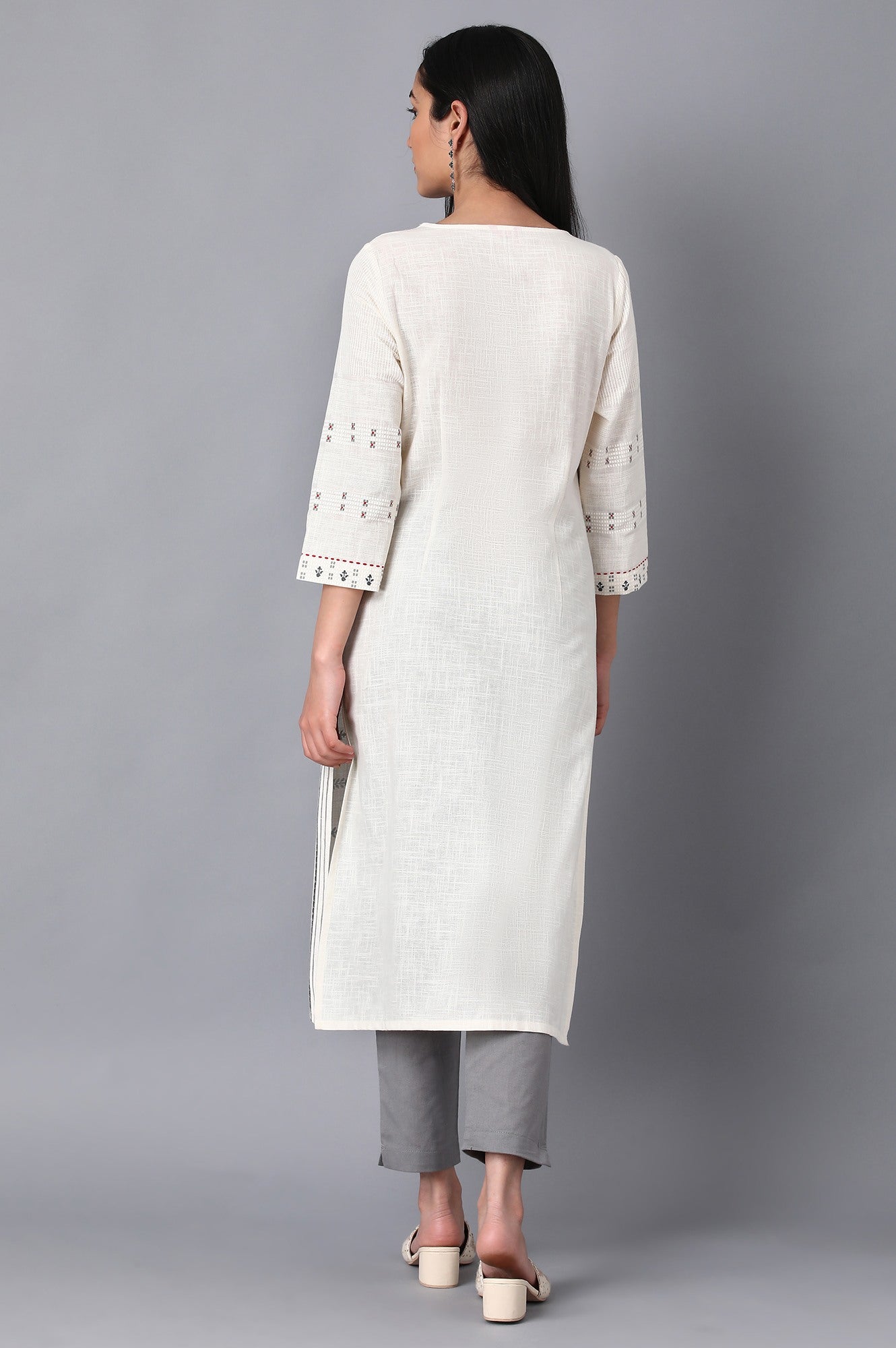 Ecru Round Neck Printed kurta