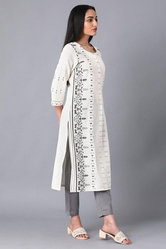 Ecru Round Neck Printed kurta - wforwoman