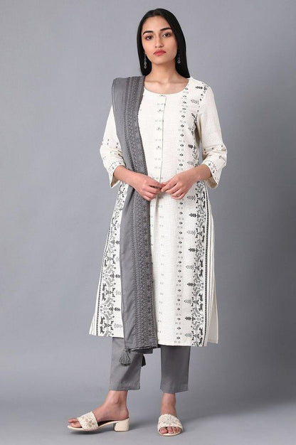 Ecru Round Neck Printed kurta - wforwoman