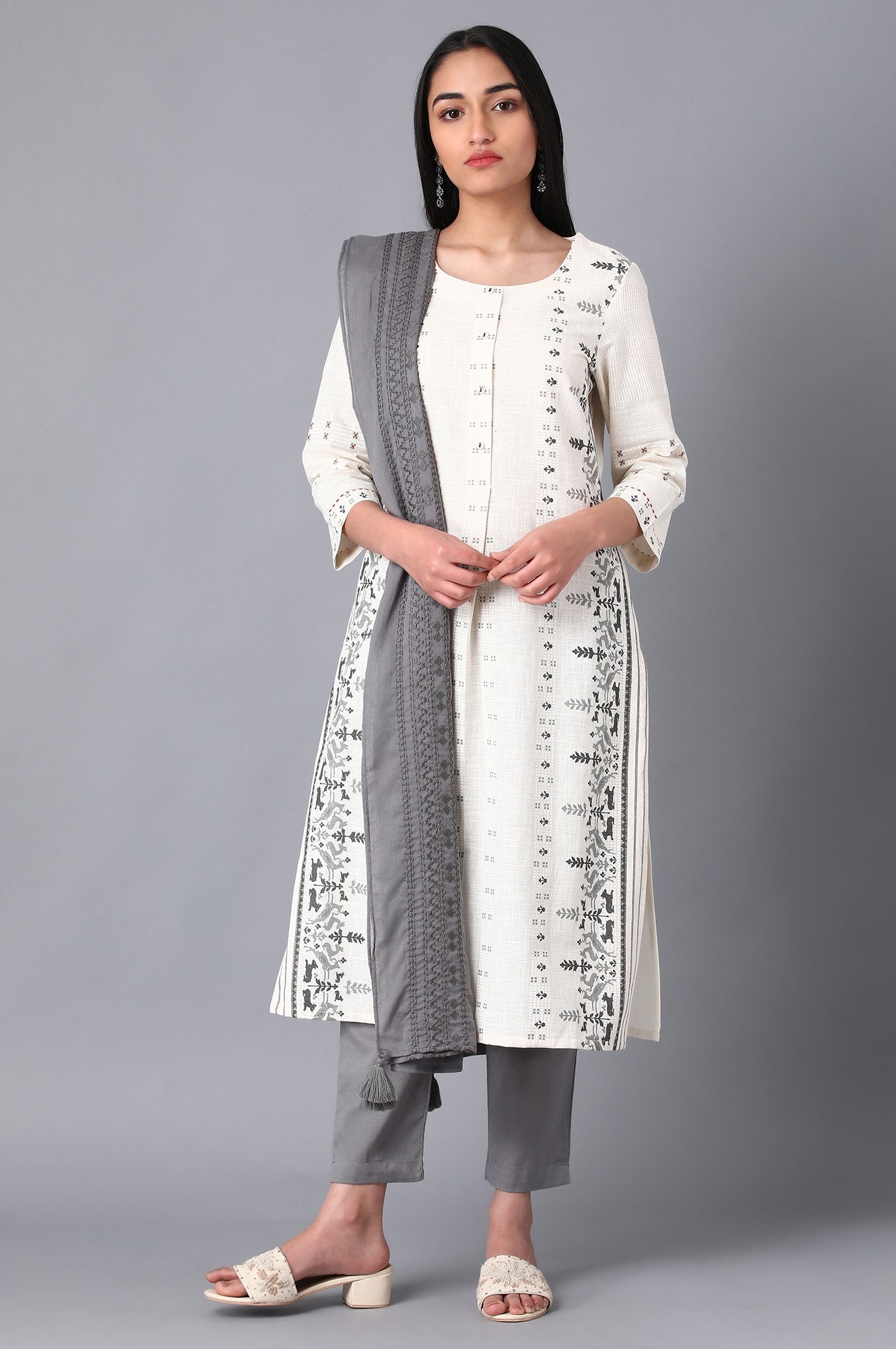 Ecru Round Neck Printed kurta