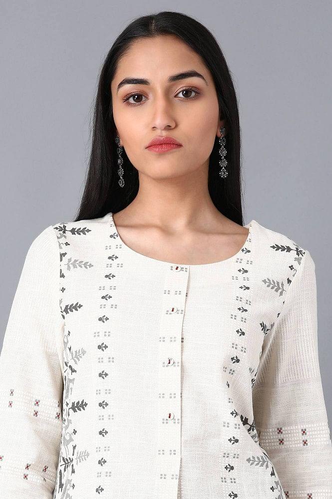 Ecru Round Neck Printed kurta - wforwoman