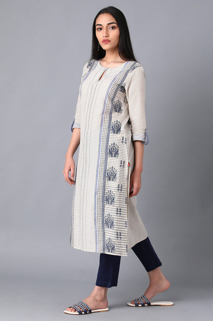 Ecru Boat Neck Printed kurta