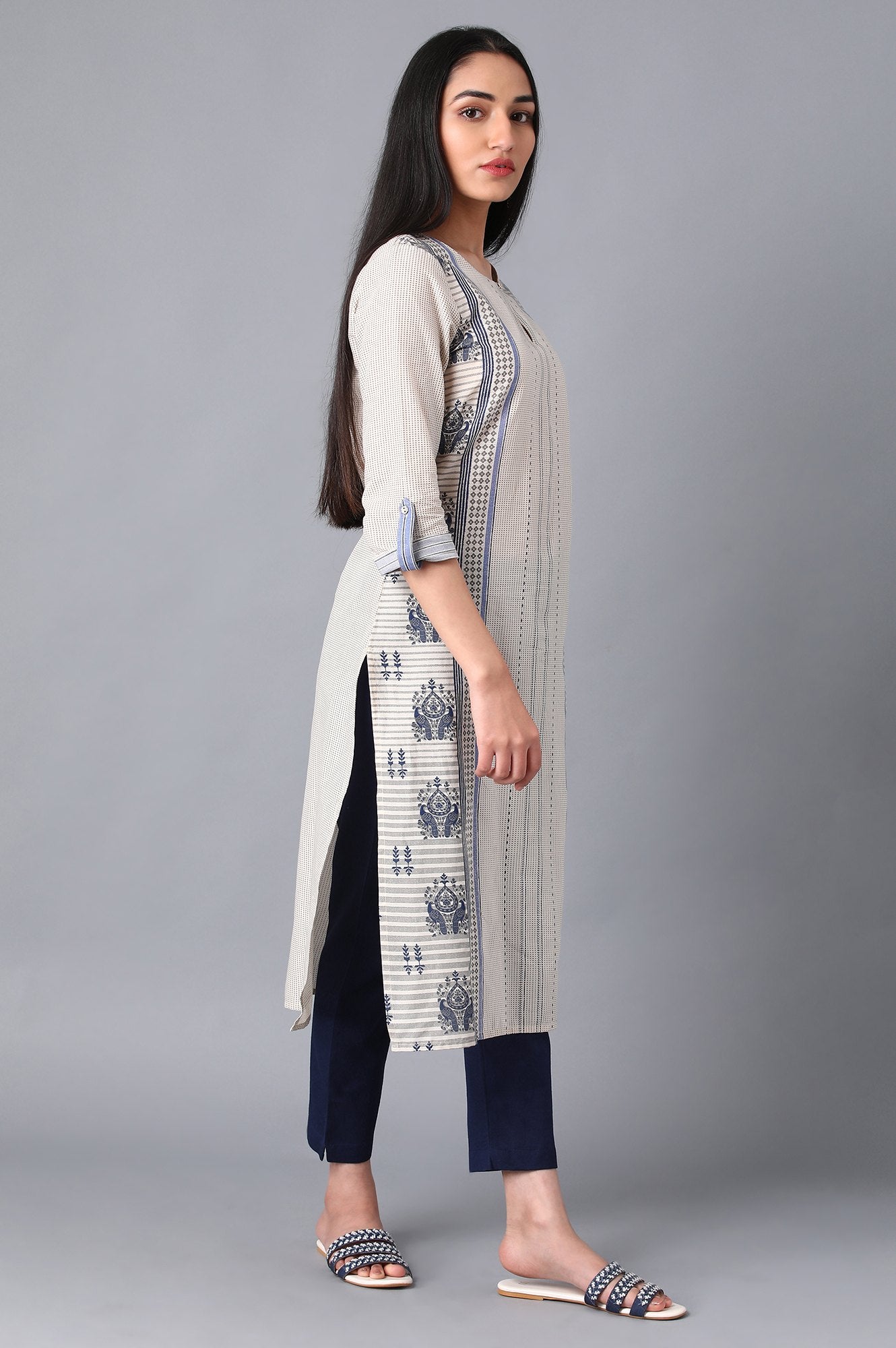 Ecru Boat Neck Printed kurta