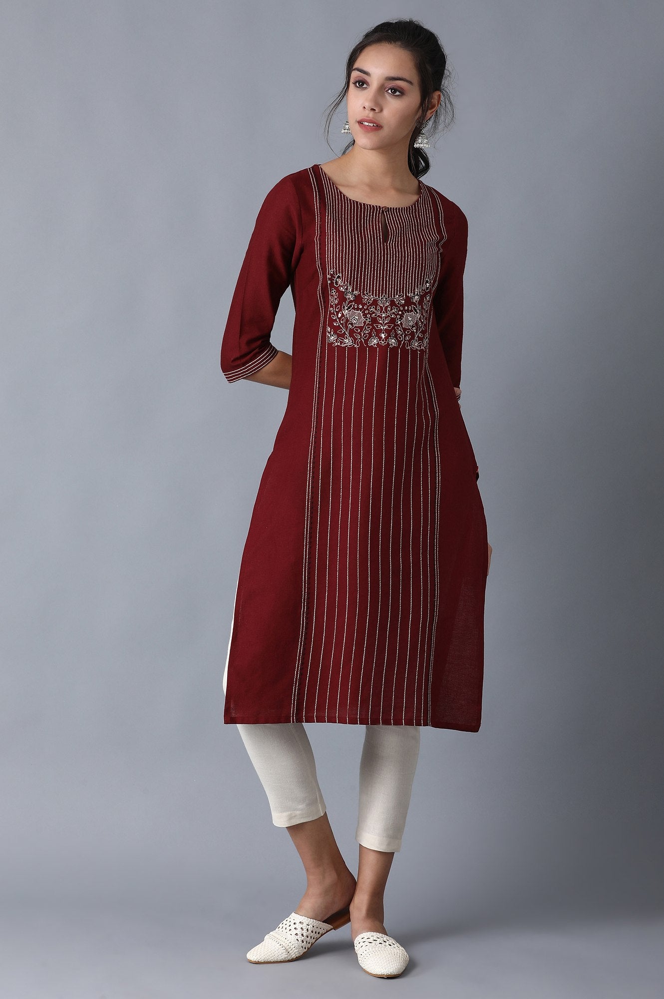 Maroon Stripe Print Straight kurta with Embroidery