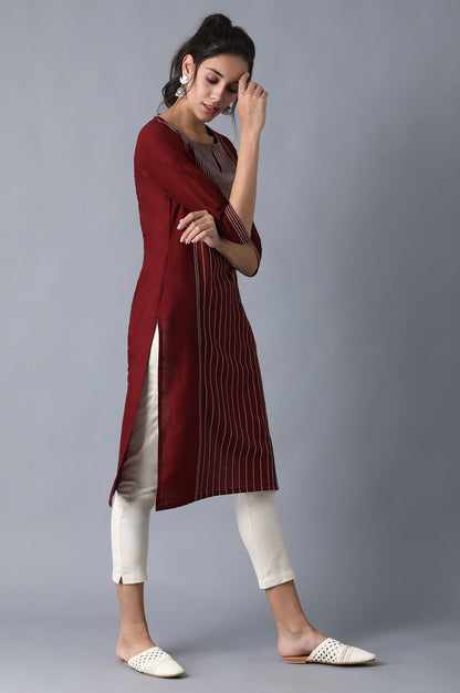 Maroon Stripe Print Straight kurta with Embroidery