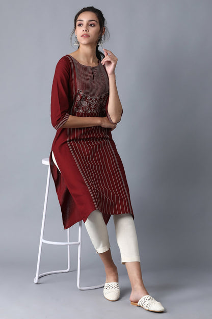 Maroon Stripe Print Straight kurta with Embroidery