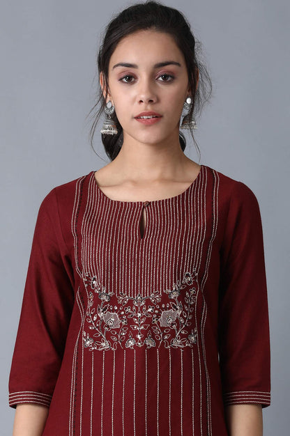 Maroon Stripe Print Straight kurta with Embroidery