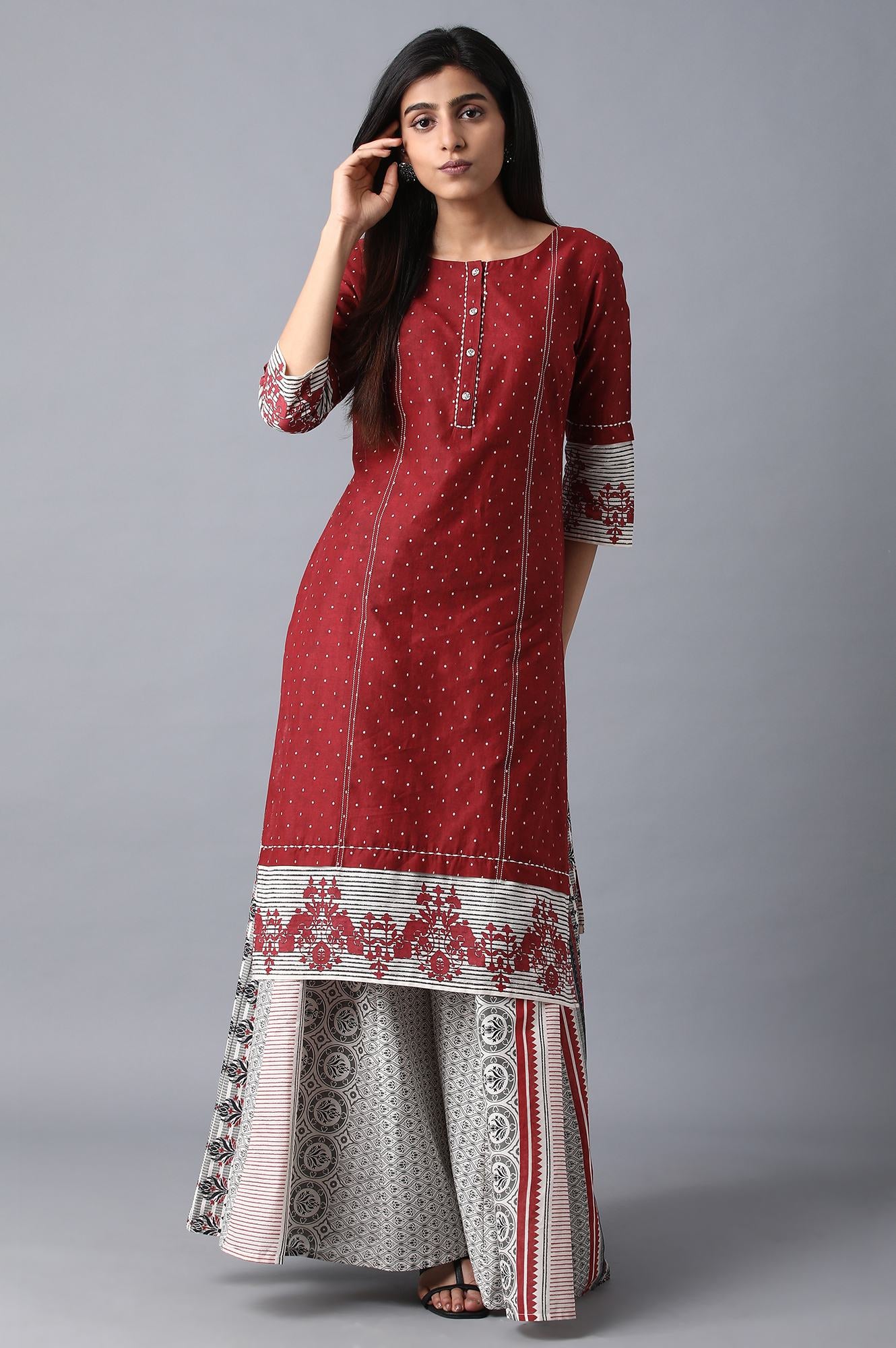 Red Round Neck Printed kurta