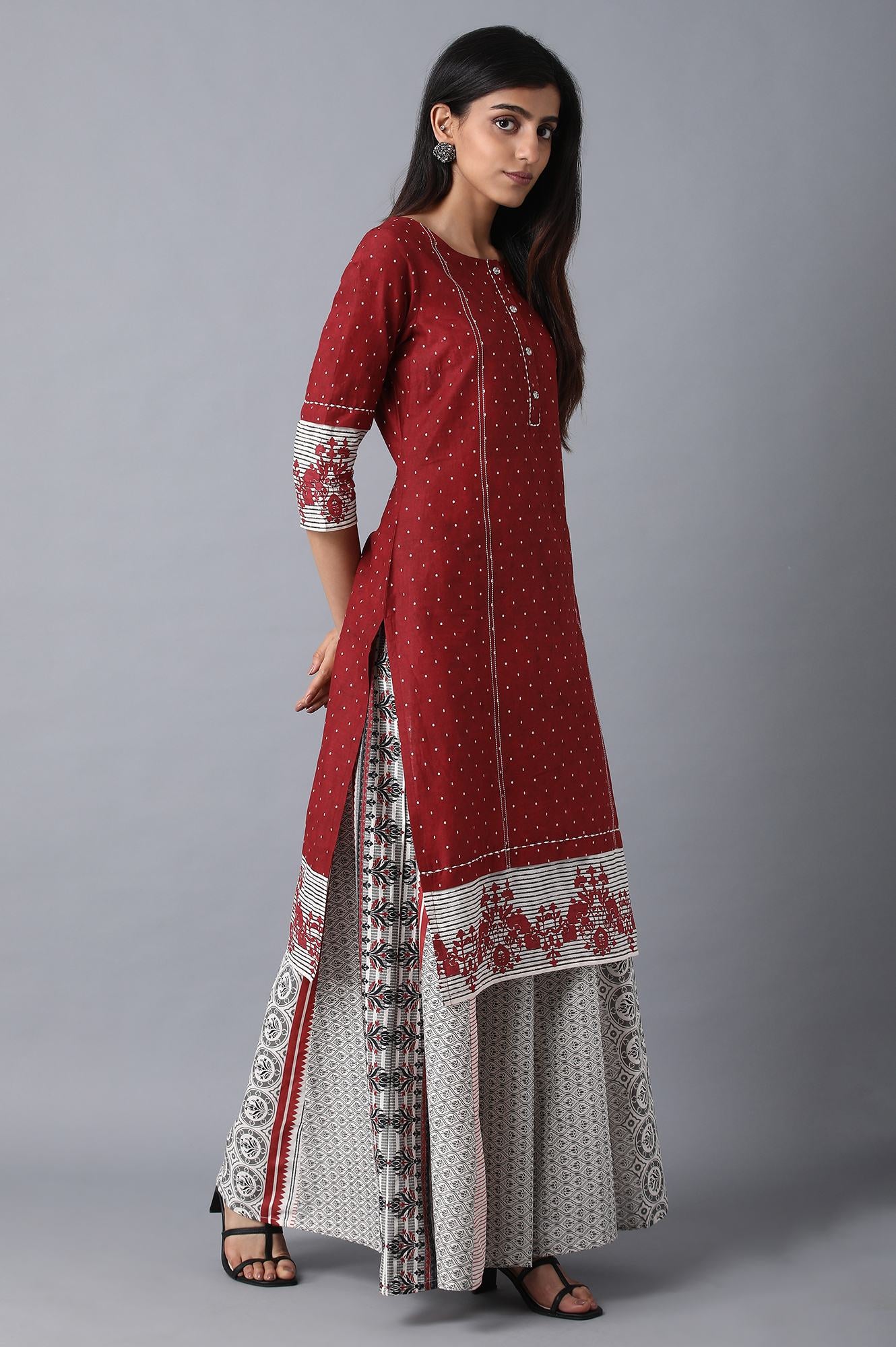 Red Round Neck Printed kurta