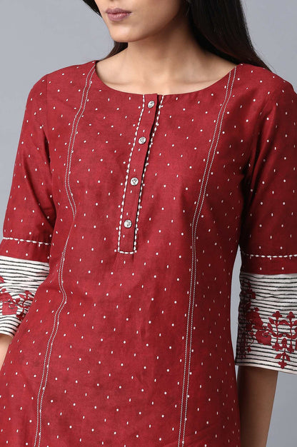 Red Round Neck Printed kurta