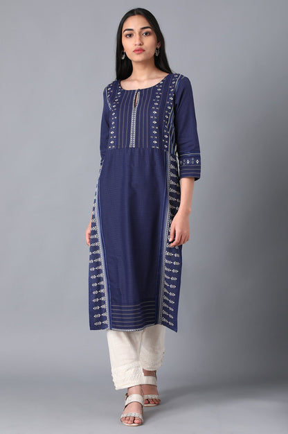 Blue Boat Neck Printed kurta