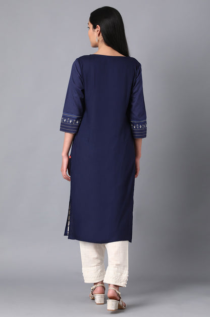 Blue Boat Neck Printed kurta