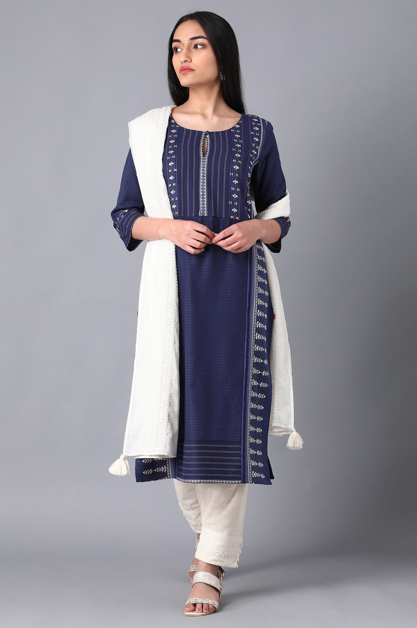 Blue Boat Neck Printed kurta