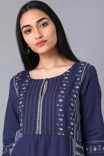 Blue Boat Neck Printed kurta