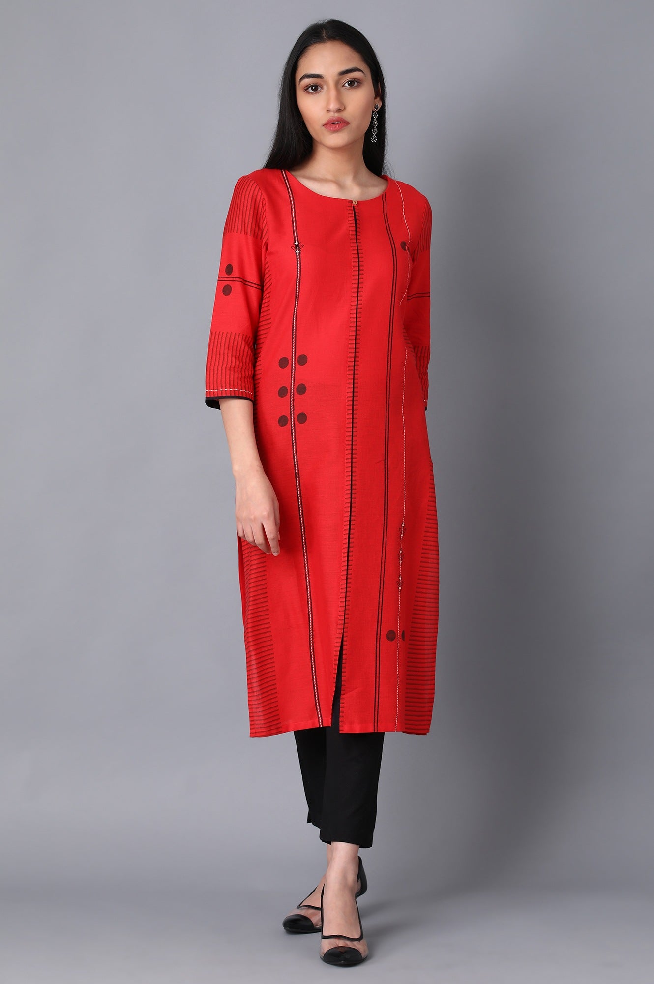 Red Geometric Print Straight kurta in Boat Neck