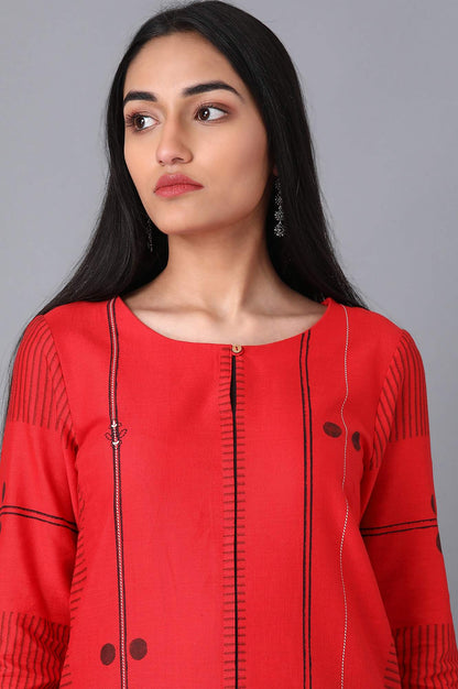 Red Geometric Print Straight kurta in Boat Neck