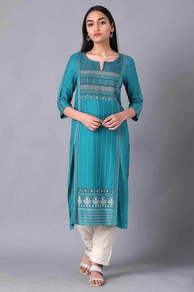 Teal Boat Neck Printed kurta - wforwoman