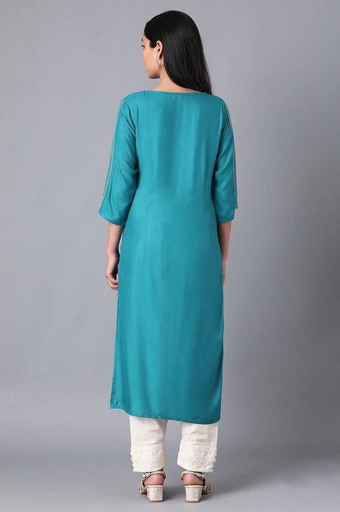 Teal Boat Neck Printed kurta - wforwoman