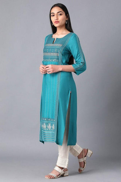 Teal Boat Neck Printed kurta - wforwoman