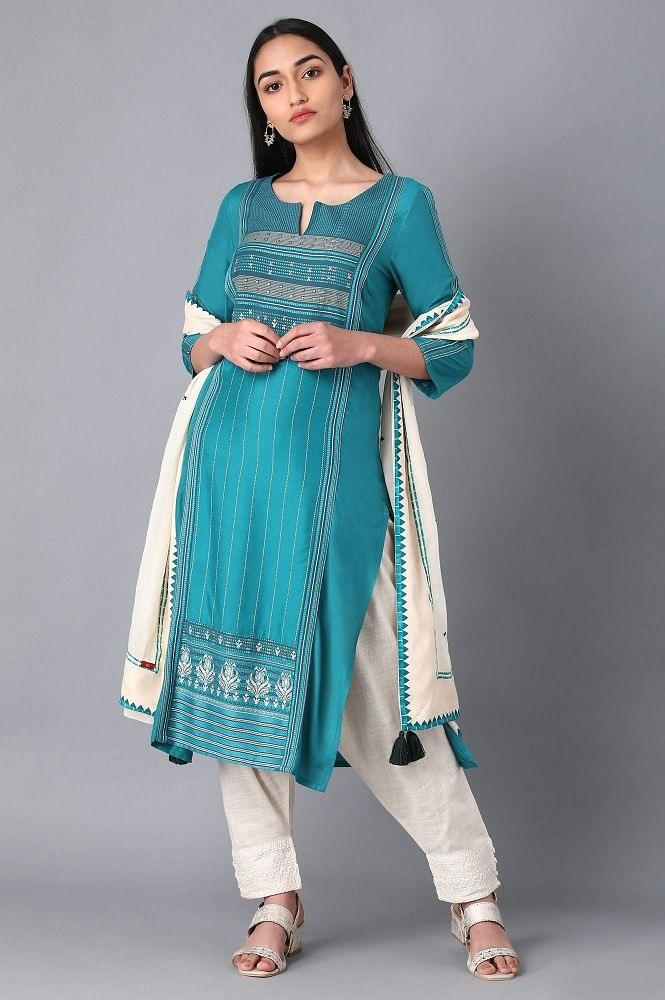 Teal Boat Neck Printed kurta - wforwoman